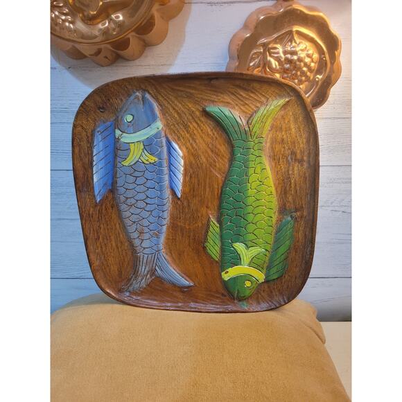 Carved Teak? Wood Tray Fish Wall Haitian Art Marked "The Red Carpet" - Picture 2 of 8